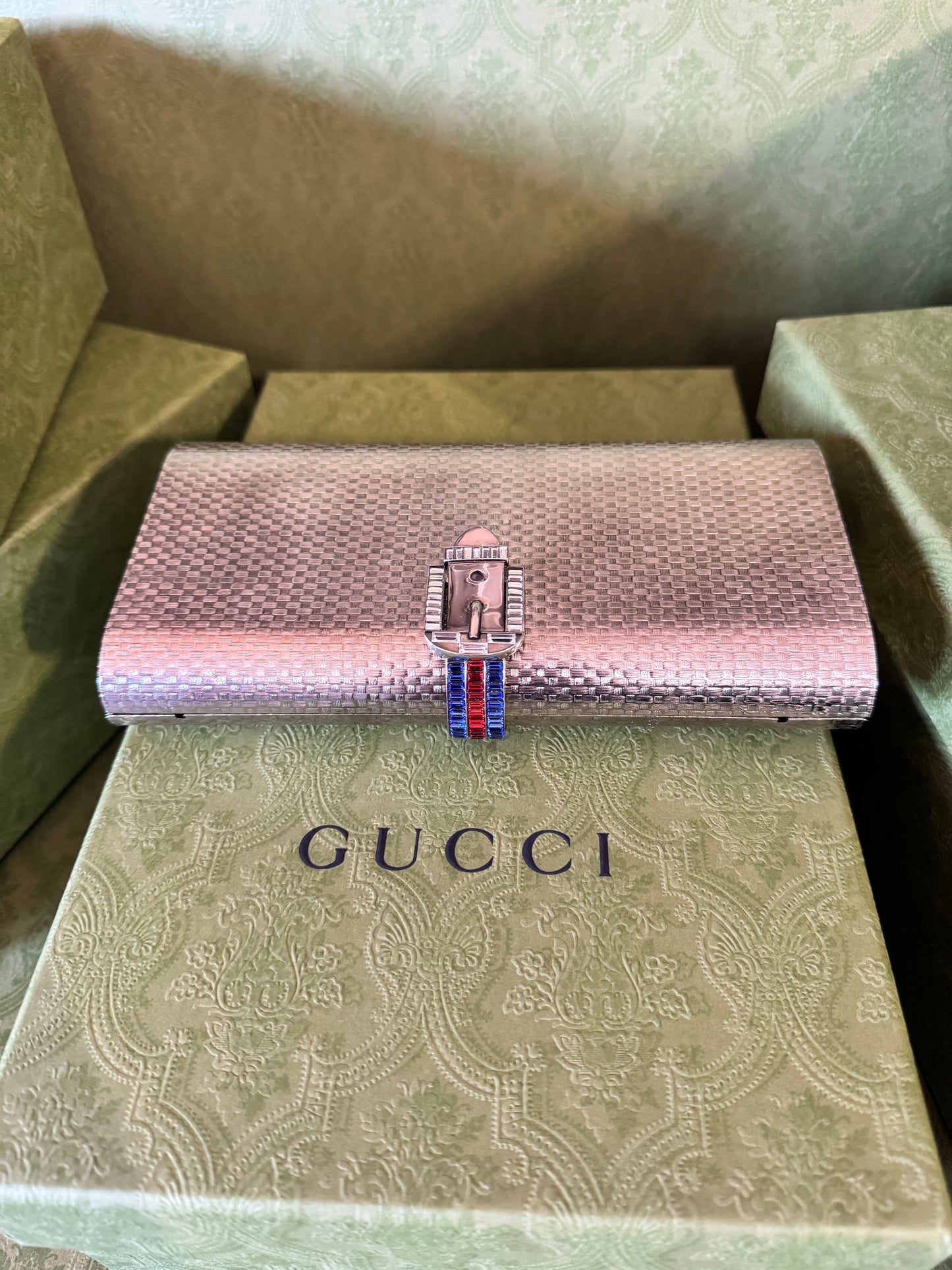 Gucci Metal Clutch with Swarovski Crystal Buckle Closure and Chain