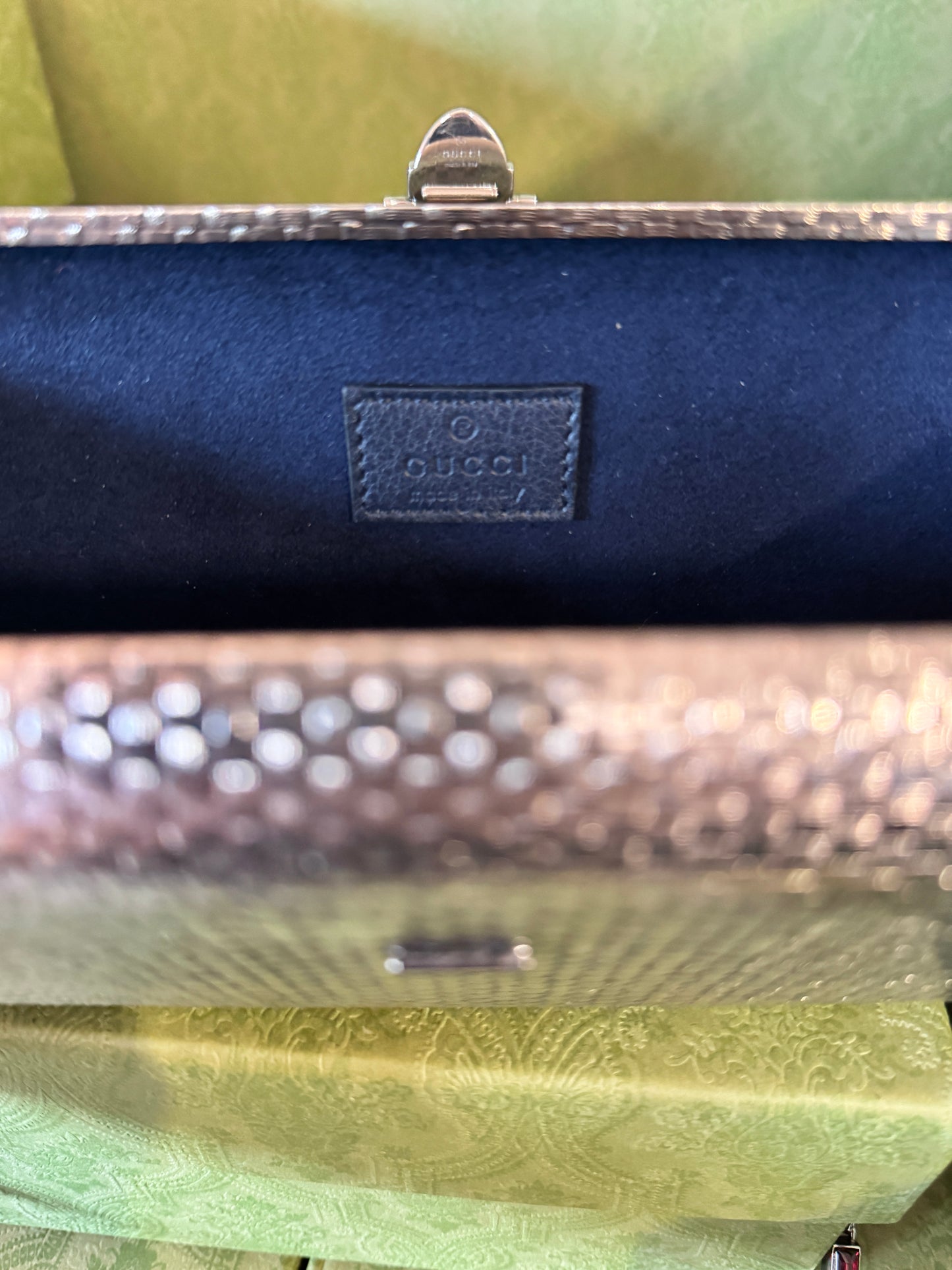 Gucci Metal Clutch with Swarovski Crystal Buckle Closure and Chain