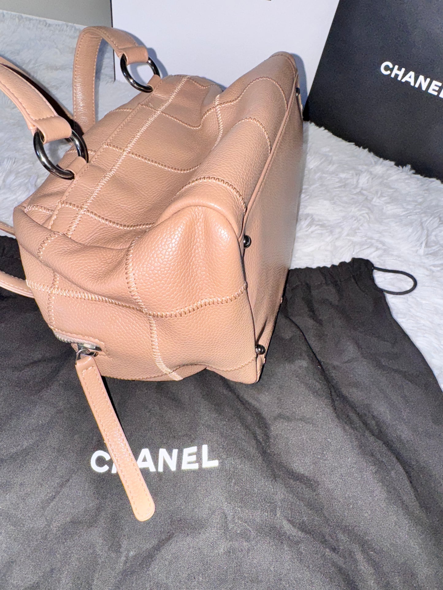 Chanel Small Beige Quilted Caviar Square Stitch Bowler Bag