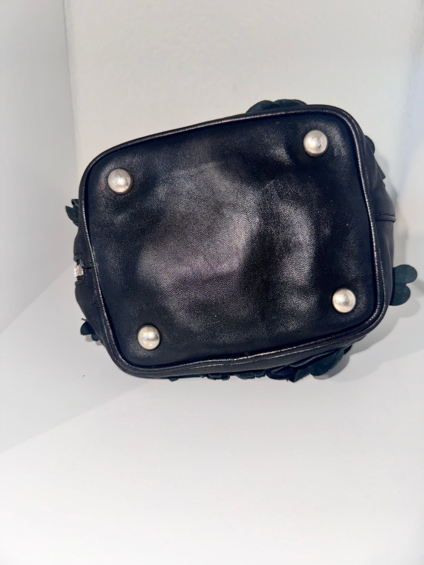 Saint Laurent Lambskin Floral Applique Baby Emmanuelle Bucket Bag Black