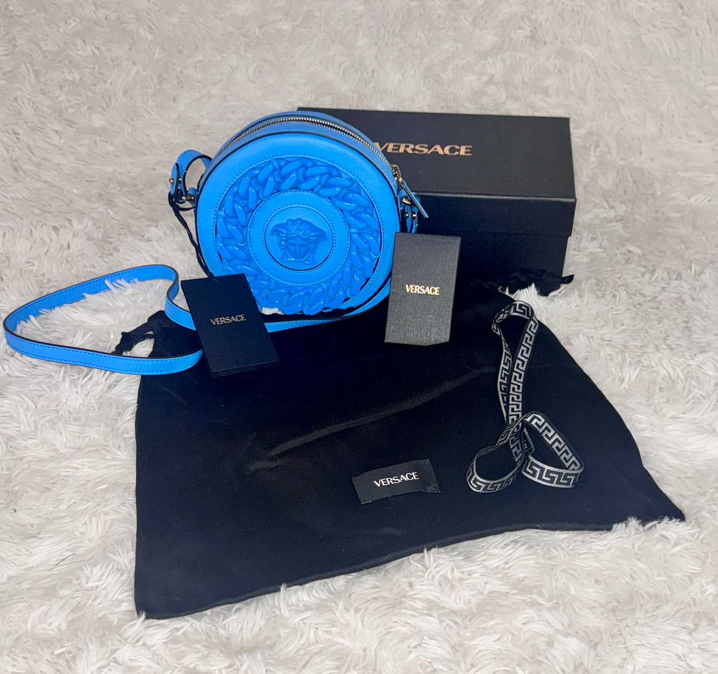 Versace Blue La Medusa Round Disco Camera Leather Bag