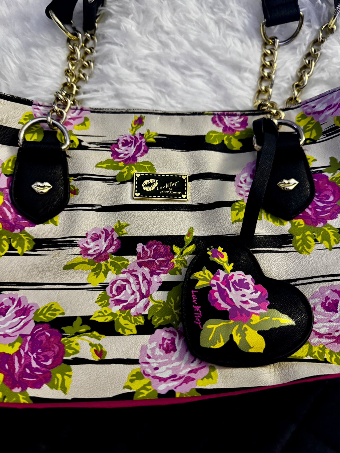 Betsey Johnson Striped Pink Floral Purse Handbag