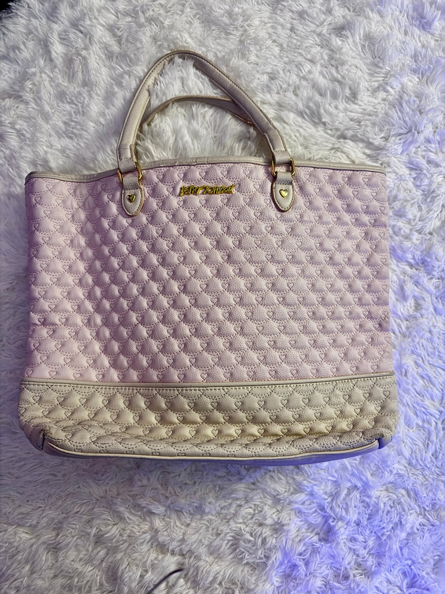 Vintage Betsey Johnson Pink & White Quilted Hearts Crossbody Large Tote