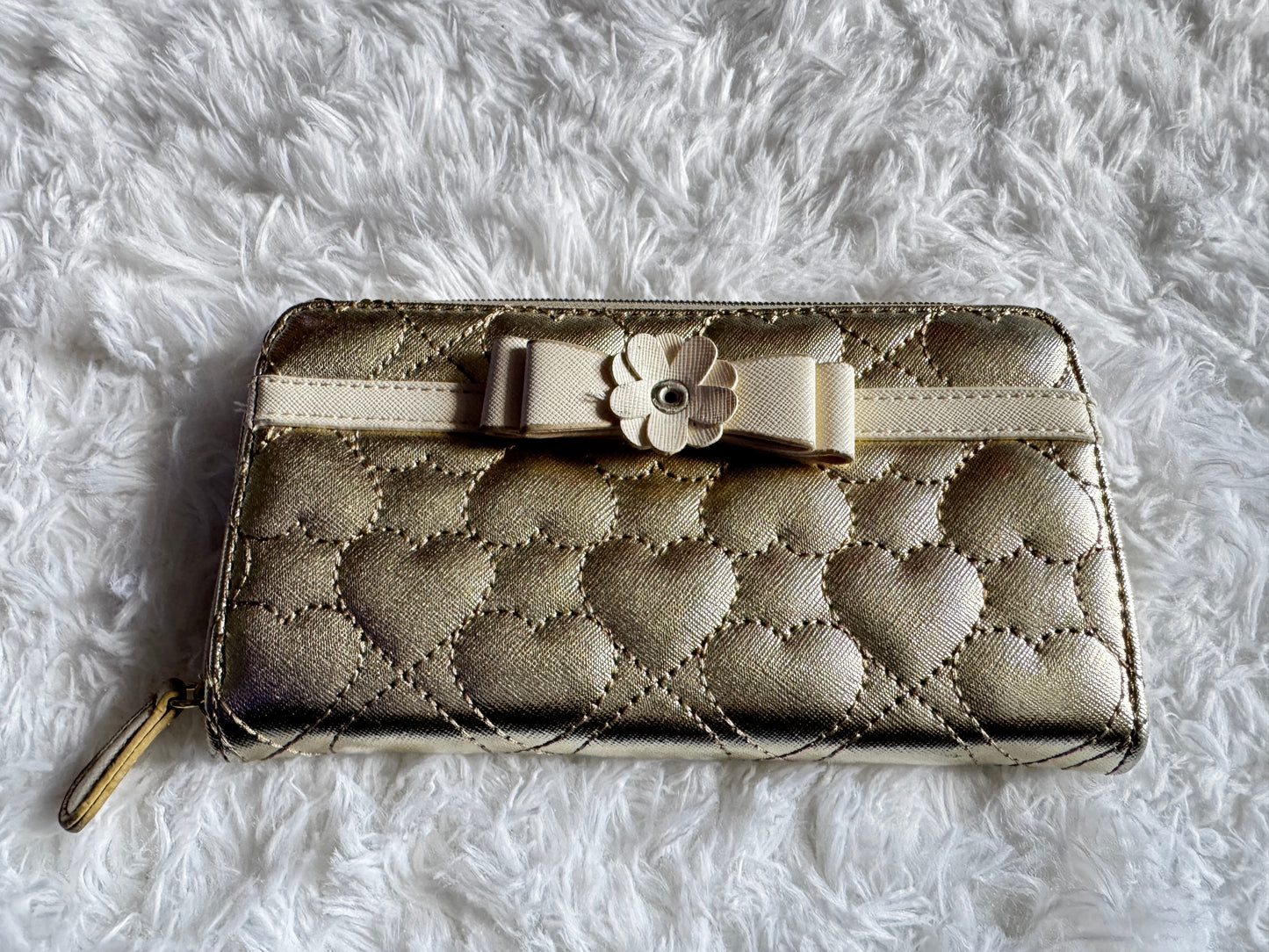 Betsey Johnson Metallic Gold Puffed Heart Bow Zip Wallet