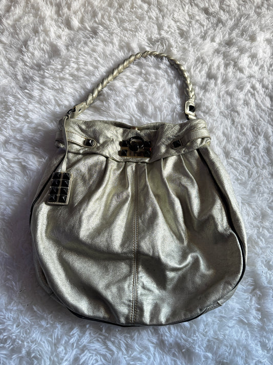 Vintage Y2K Betsey Johnson Metallic Silver Leather Studded Hobo Bag Purse RARE