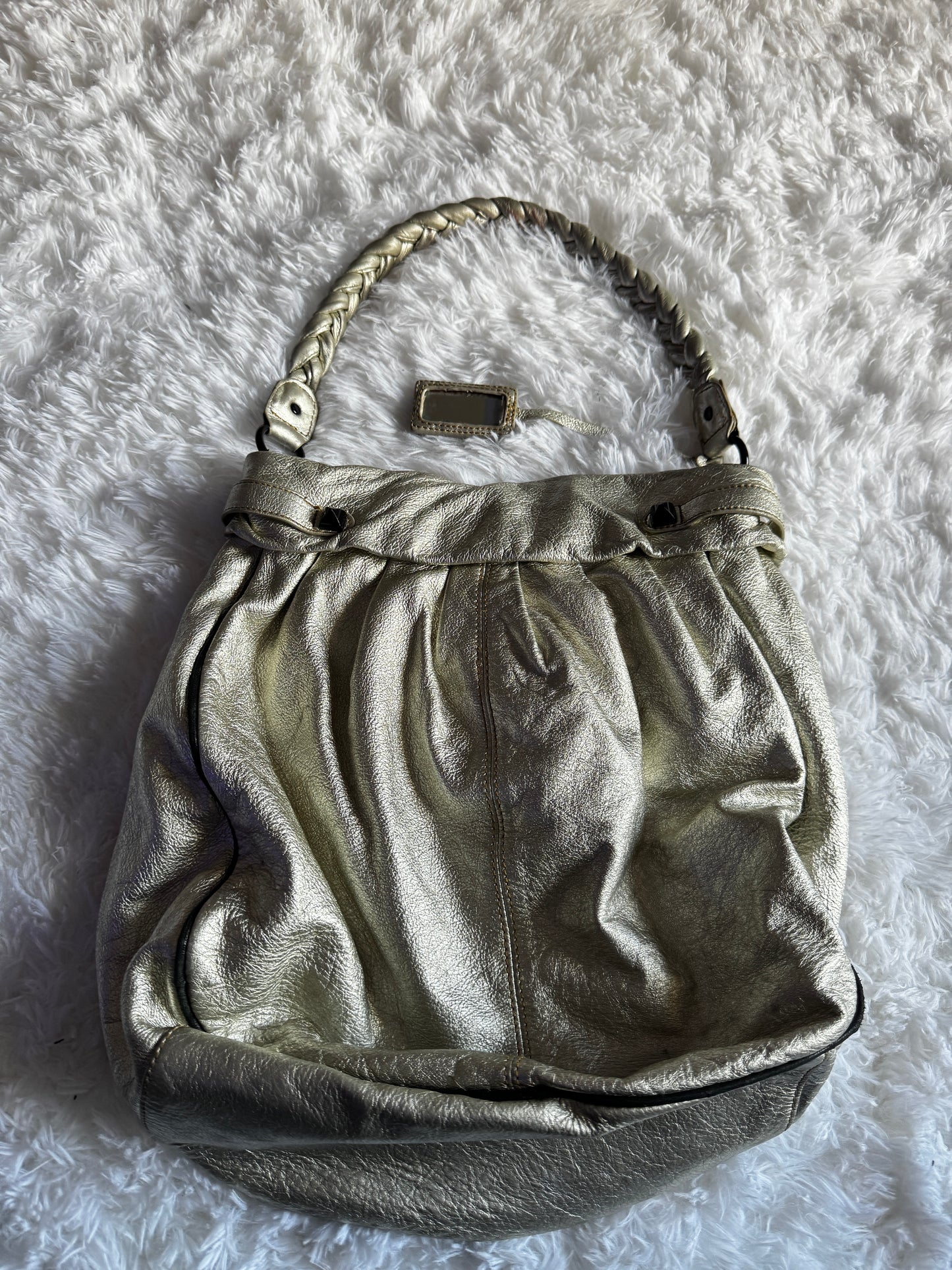 Vintage Y2K Betsey Johnson Metallic Silver Leather Studded Hobo Bag Purse RARE