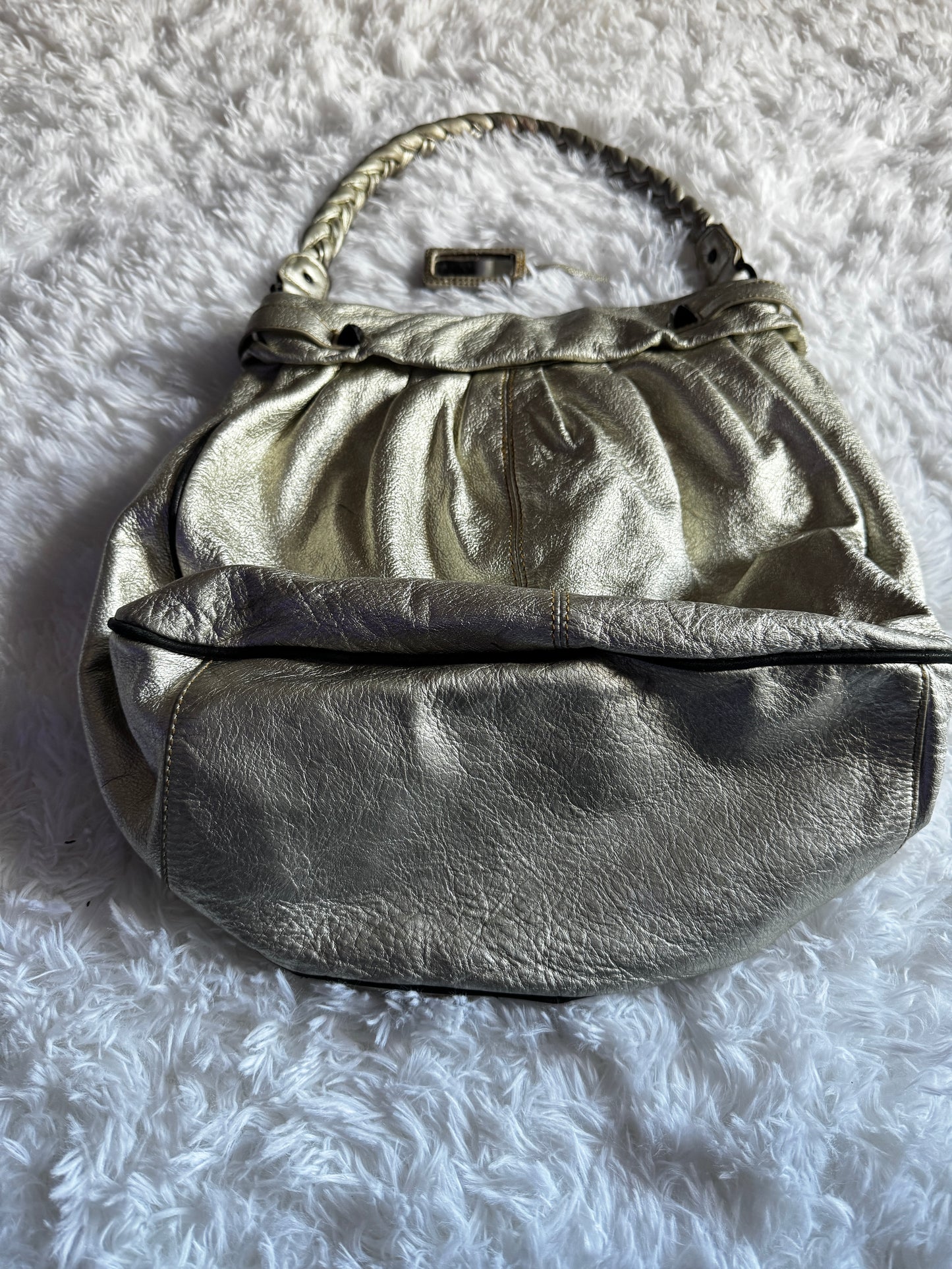 Vintage Y2K Betsey Johnson Metallic Silver Leather Studded Hobo Bag Purse RARE