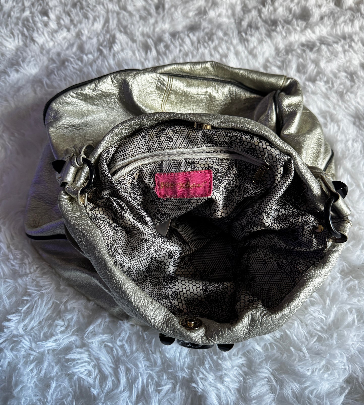 Vintage Y2K Betsey Johnson Metallic Silver Leather Studded Hobo Bag Purse RARE