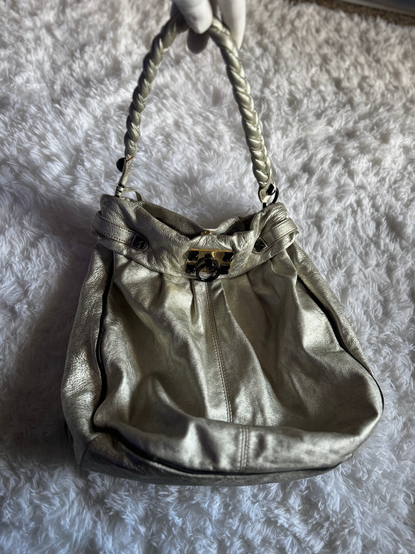 Vintage Y2K Betsey Johnson Metallic Silver Leather Studded Hobo Bag Purse RARE