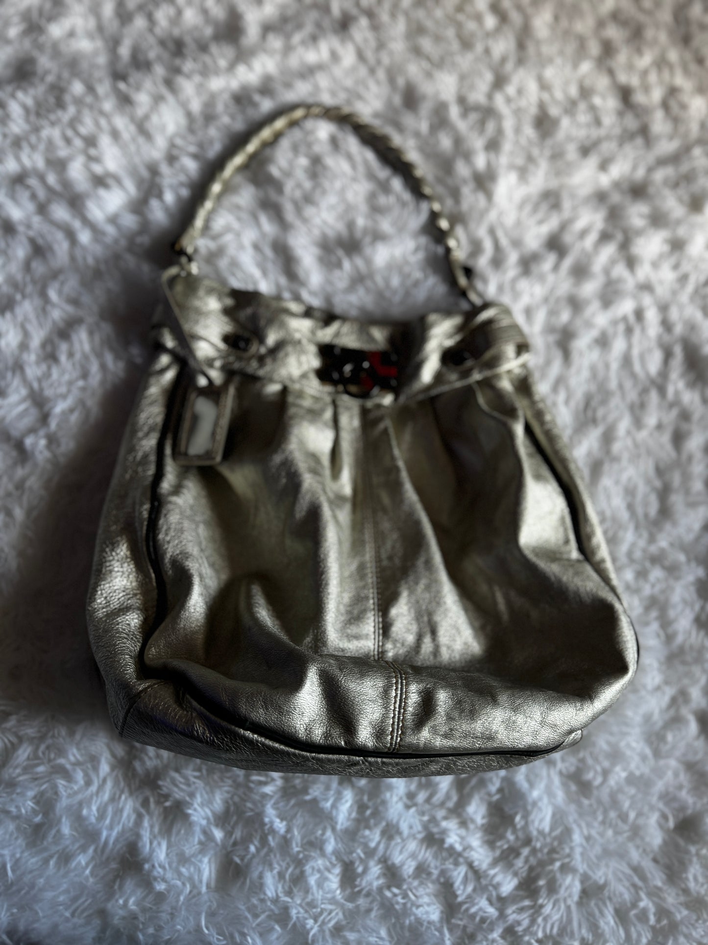 Vintage Y2K Betsey Johnson Metallic Silver Leather Studded Hobo Bag Purse RARE