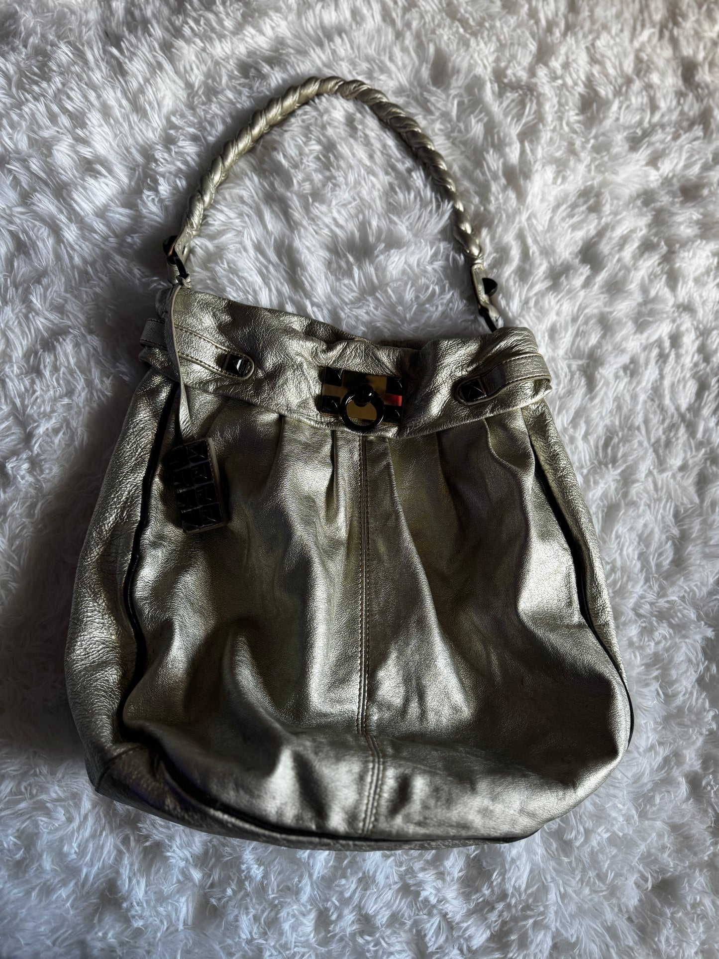 Vintage Y2K Betsey Johnson Metallic Silver Leather Studded Hobo Bag Purse RARE