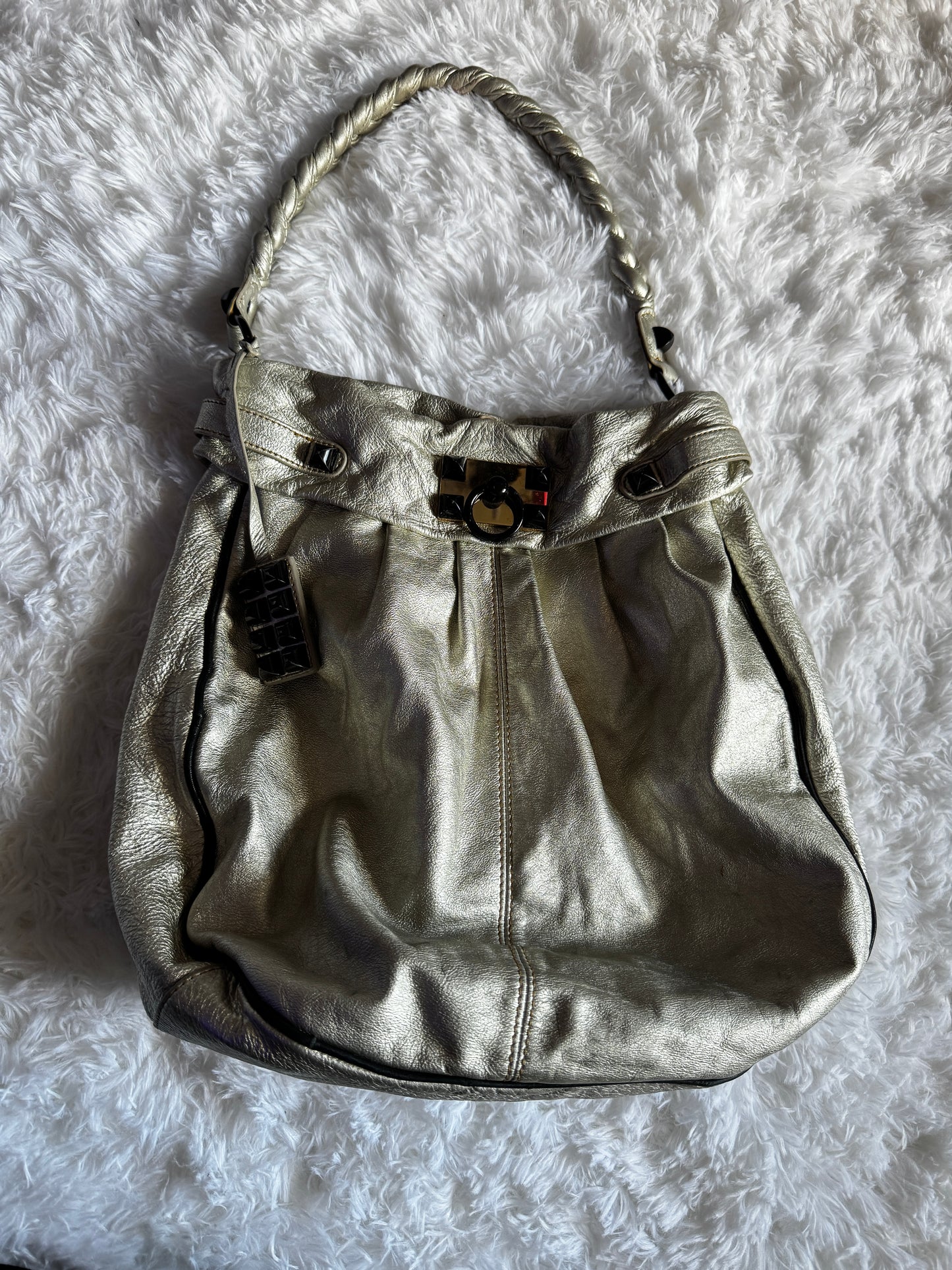 Vintage Y2K Betsey Johnson Metallic Silver Leather Studded Hobo Bag Purse RARE