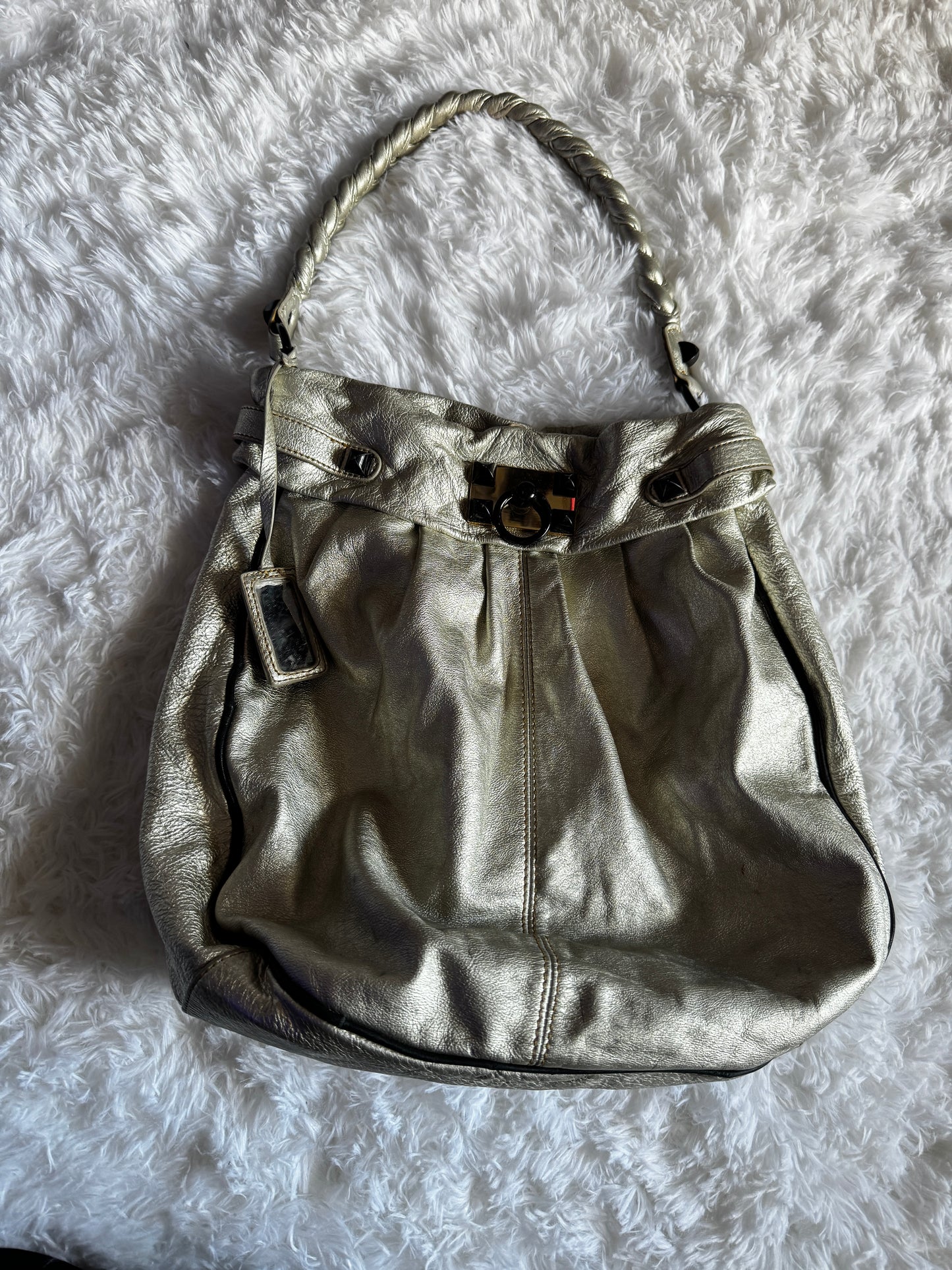 Vintage Y2K Betsey Johnson Metallic Silver Leather Studded Hobo Bag Purse RARE