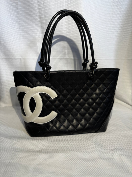 CHANEL Cambon Line Large Tote Bag Leather Black & White Purse