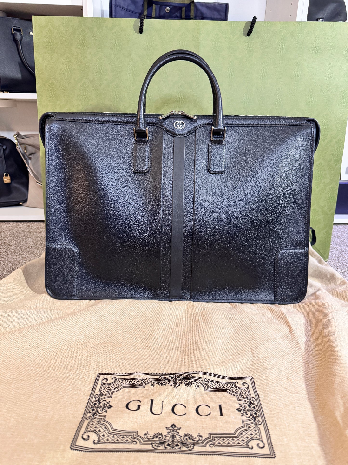 Gucci Interlocking G Black Leather Briefcase