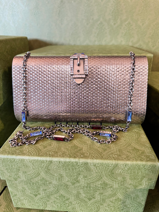 Gucci Metal Clutch with Swarovski Crystal Buckle Closure and Chain