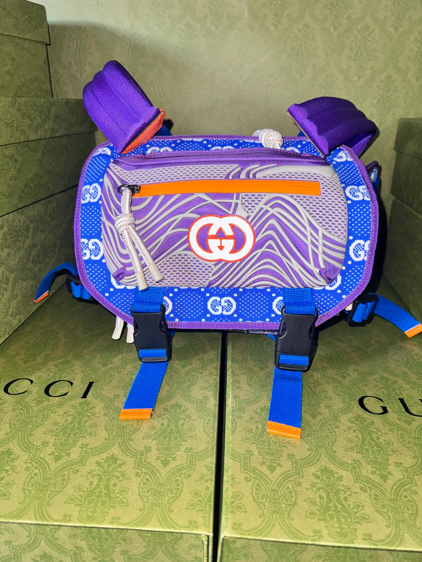 GUCCI Jersey GG Monogram All Over Sporty Flap Backpack Blue Multicolor