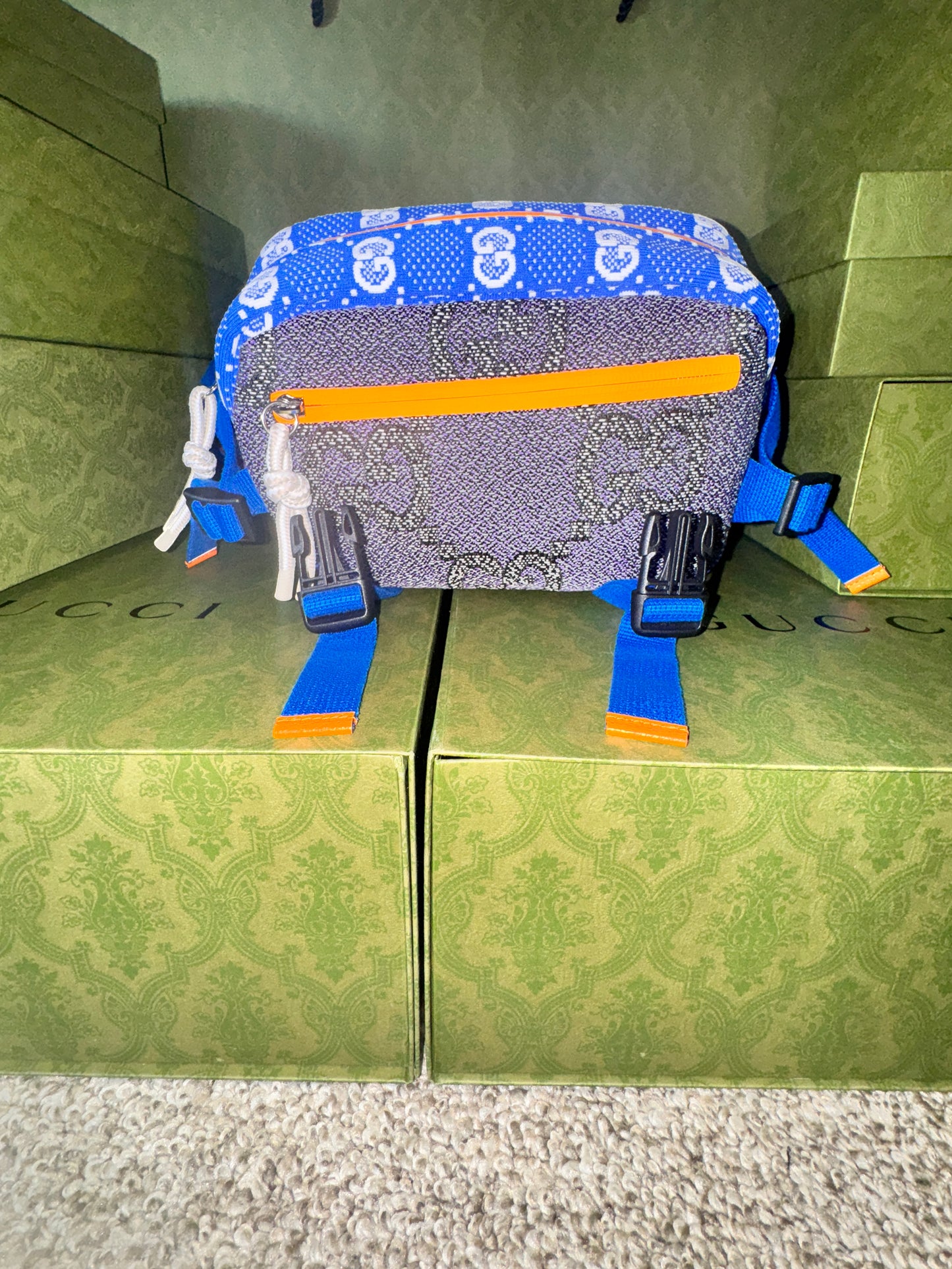 GUCCI Jersey GG Monogram All Over Sporty Flap Backpack Blue Multicolor