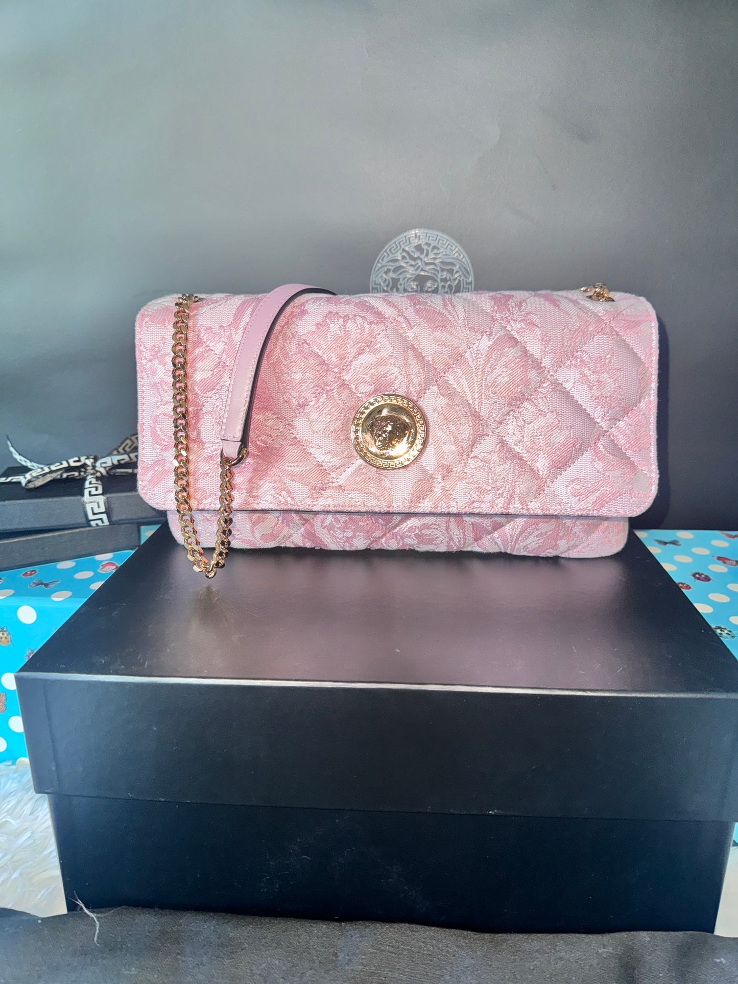 Versace Pink Quilted Fabric Lamb Shoulder Bag