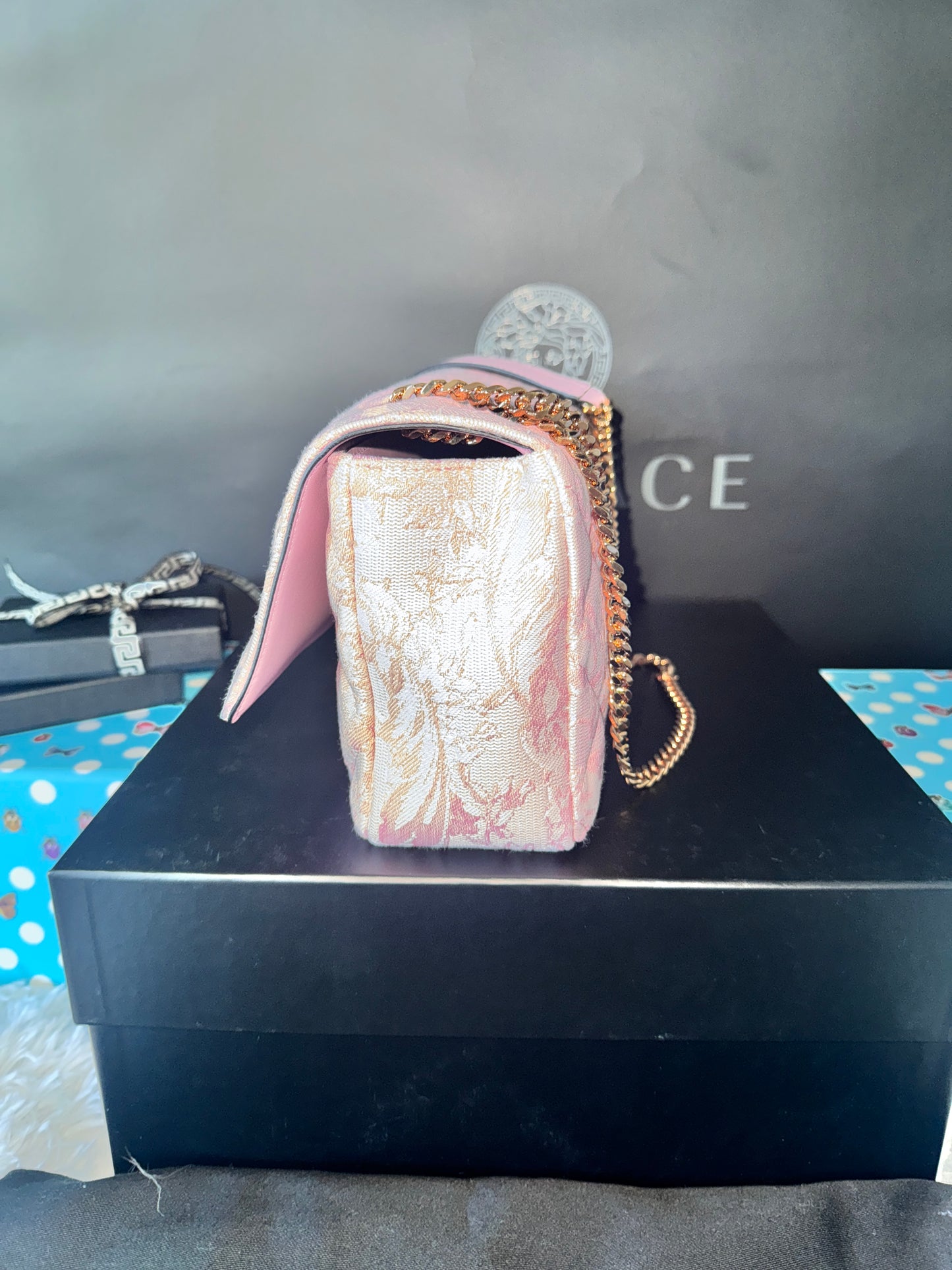 Versace Pink Quilted Fabric Lamb Shoulder Bag