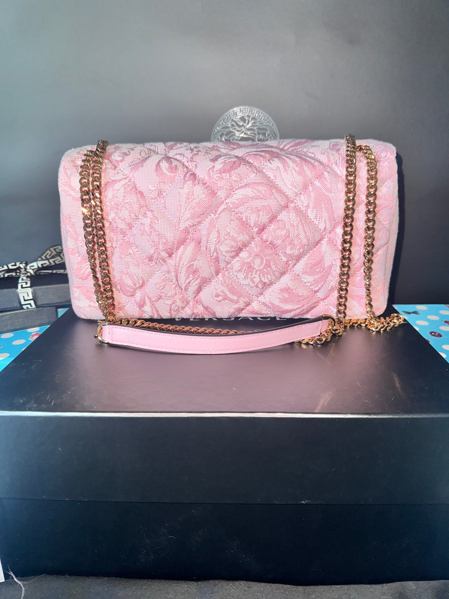 Versace Pink Quilted Fabric Lamb Shoulder Bag