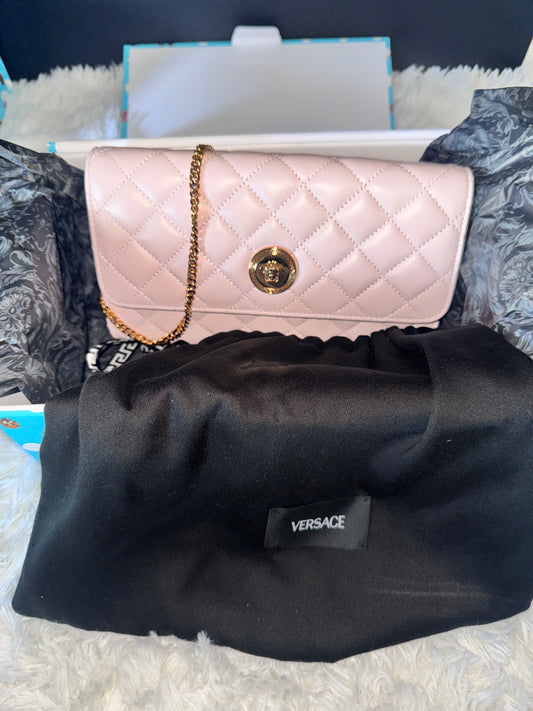 Versace Pink Quilted Lamb Nappa Leather Wallet on Chain