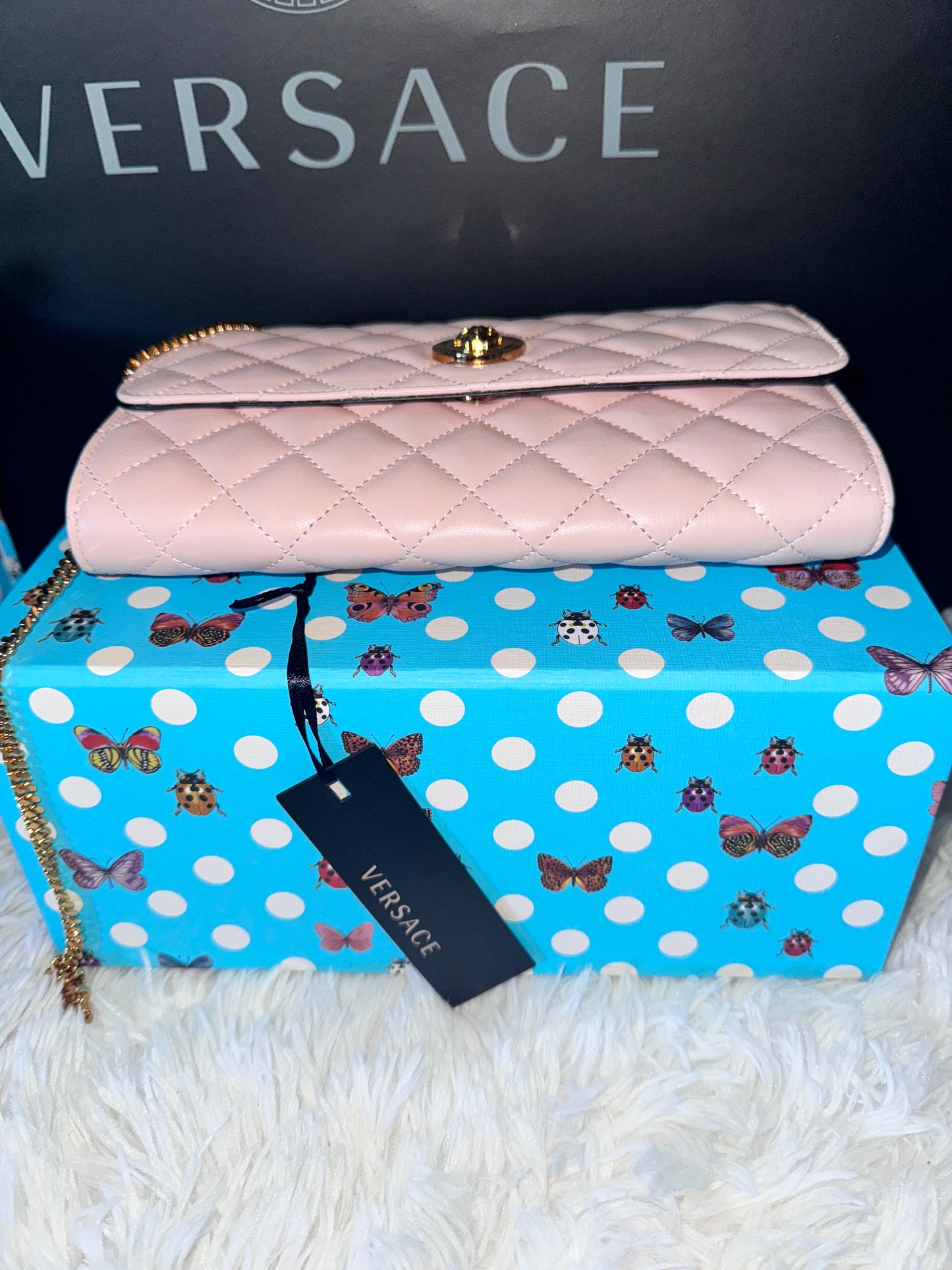 Versace Pink Quilted Lamb Nappa Leather Wallet on Chain