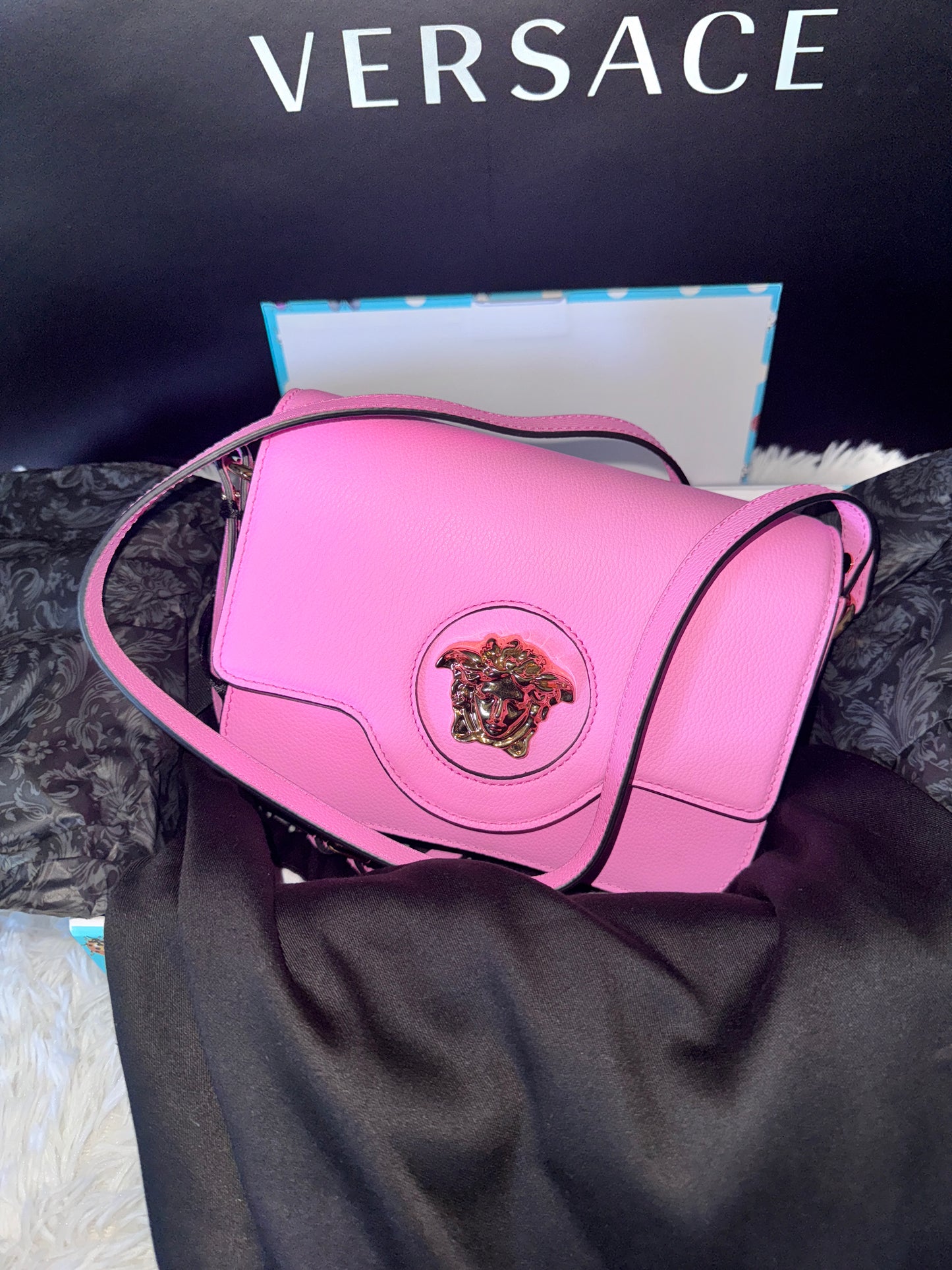Versace Pink Vitello Pebbled Leather Crossbody Bag