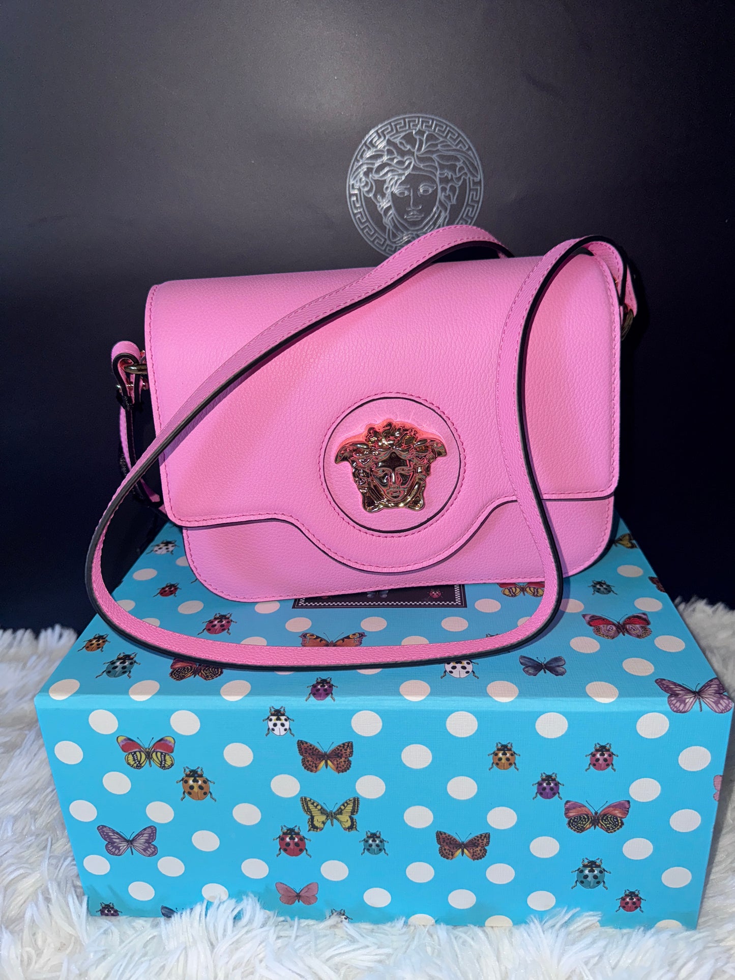 Versace Pink Vitello Pebbled Leather Crossbody Bag