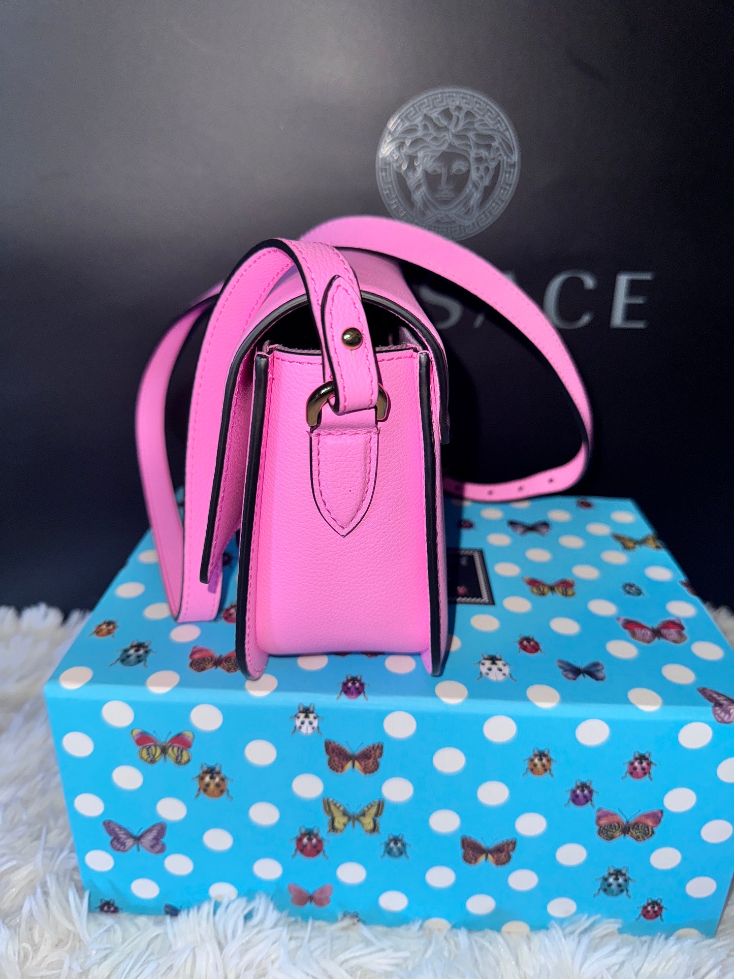 Versace Pink Vitello Pebbled Leather Crossbody Bag