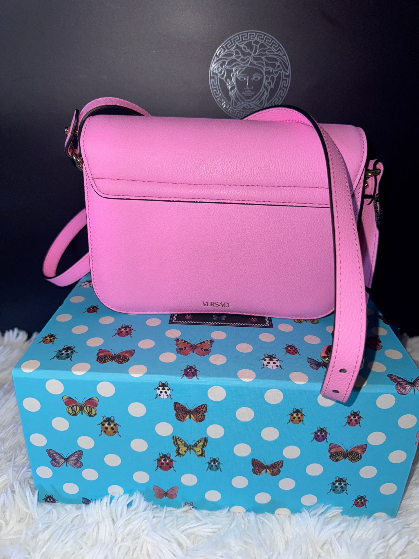 Versace Pink Vitello Pebbled Leather Crossbody Bag