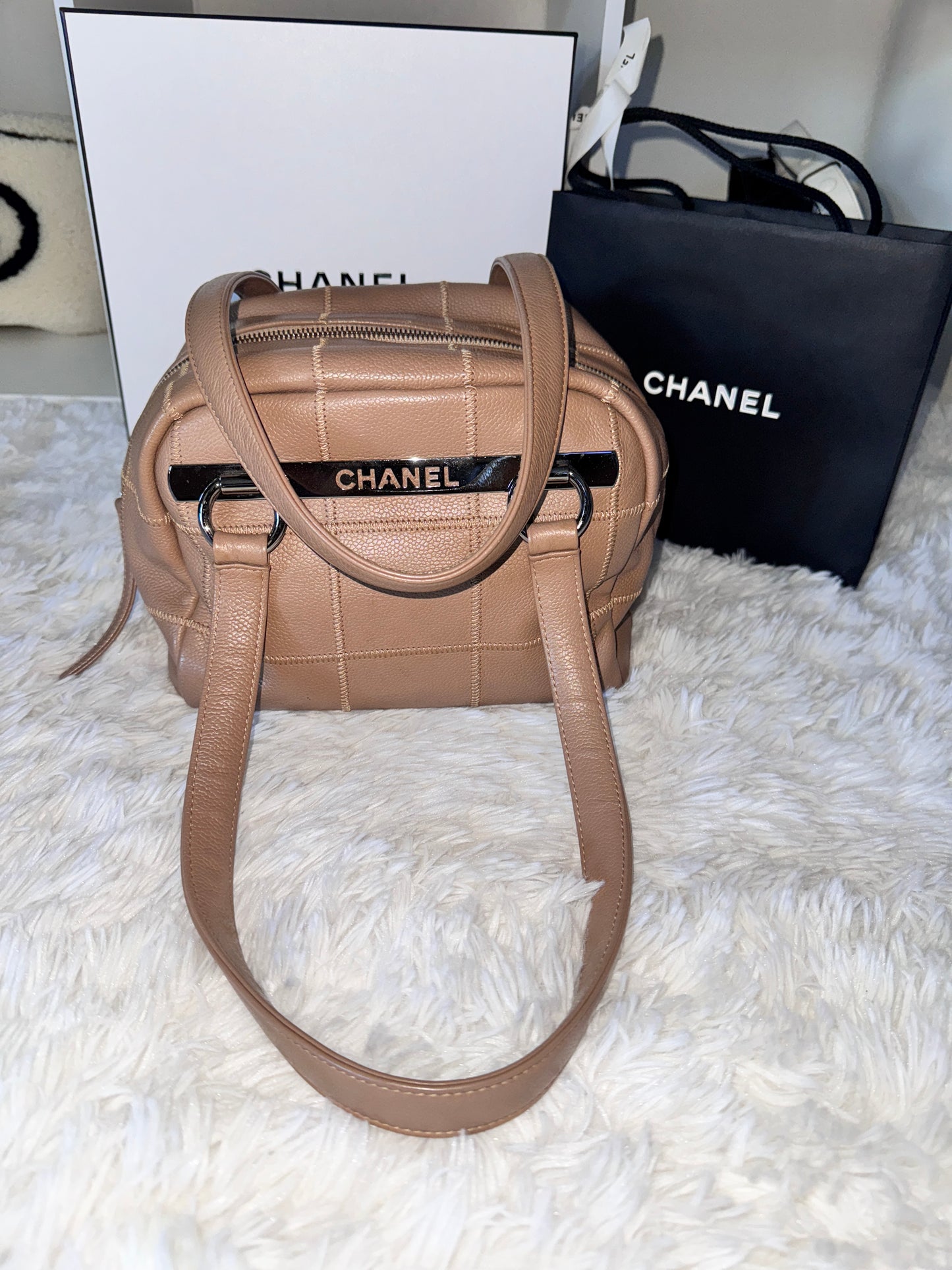 Chanel Small Beige Quilted Caviar Square Stitch Bowler Bag