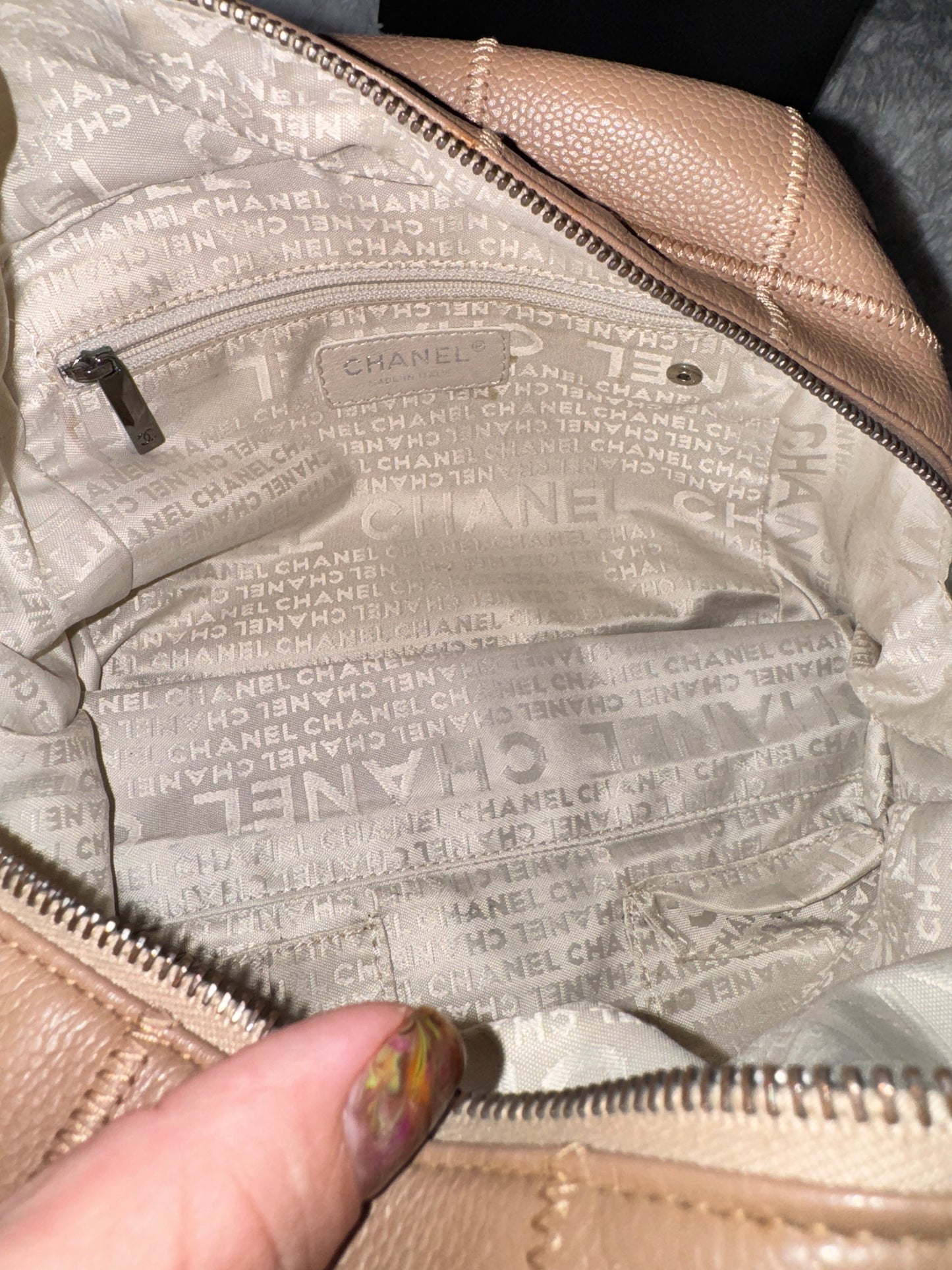 Chanel Small Beige Quilted Caviar Square Stitch Bowler Bag