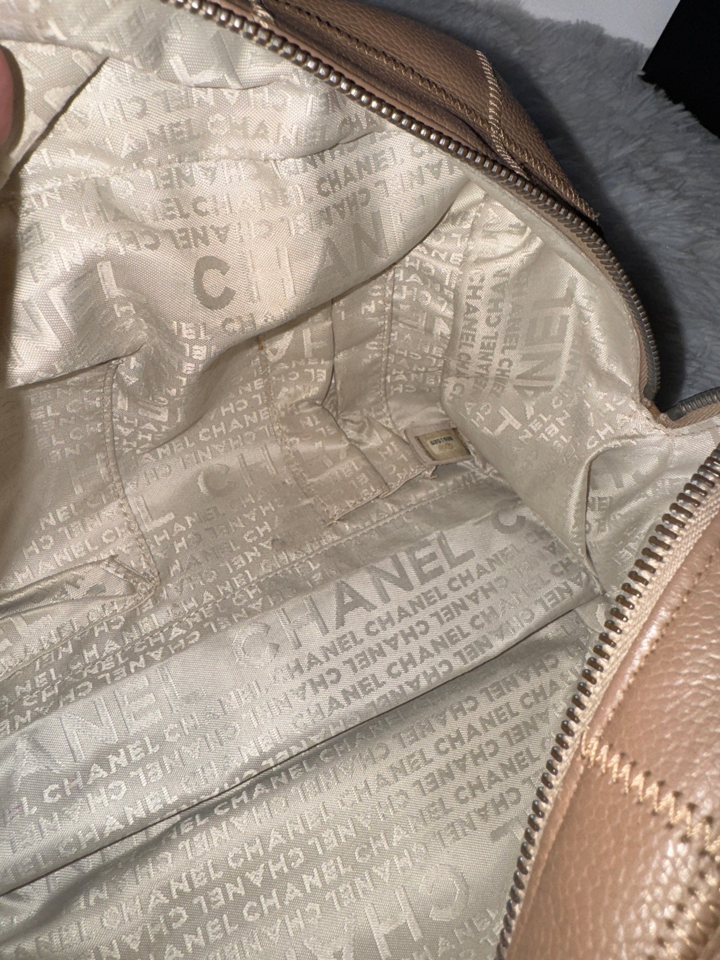 Chanel Small Beige Quilted Caviar Square Stitch Bowler Bag