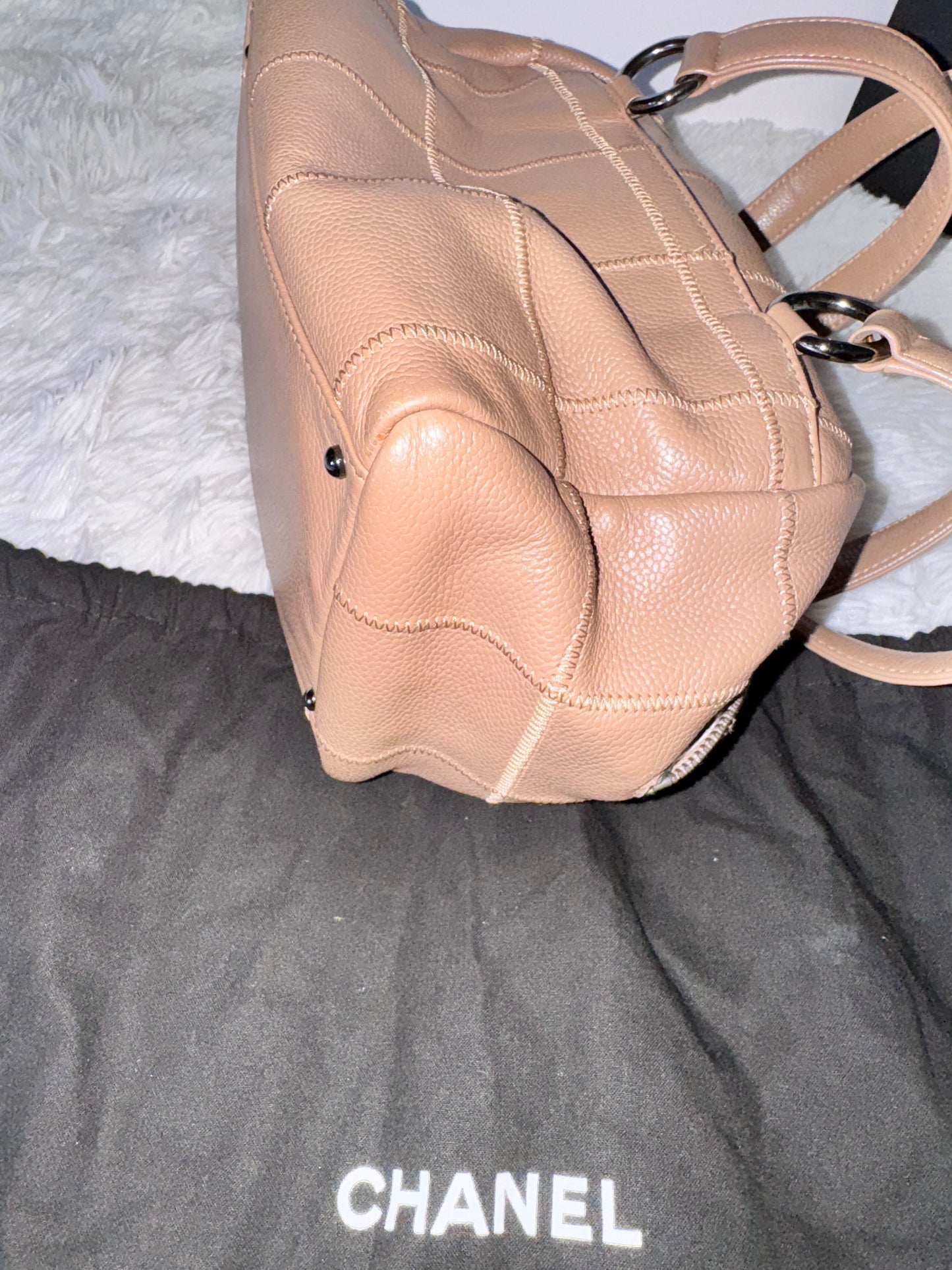 Chanel Small Beige Quilted Caviar Square Stitch Bowler Bag