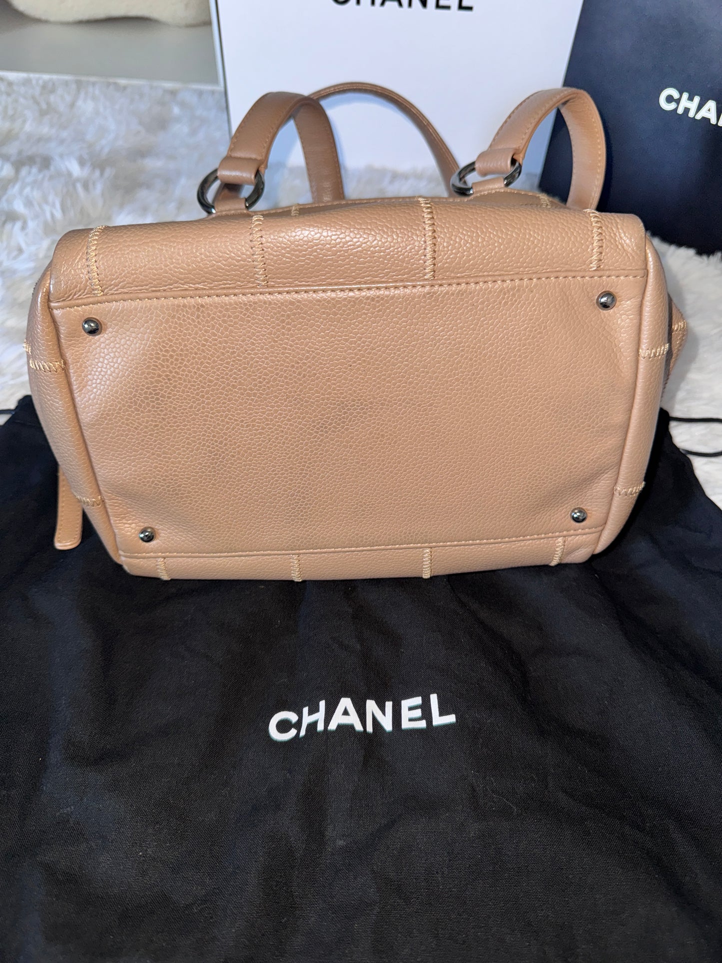 Chanel Small Beige Quilted Caviar Square Stitch Bowler Bag
