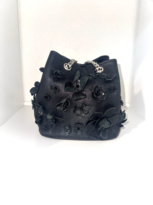 Saint Laurent Lambskin Floral Applique Baby Emmanuelle Bucket Bag Black