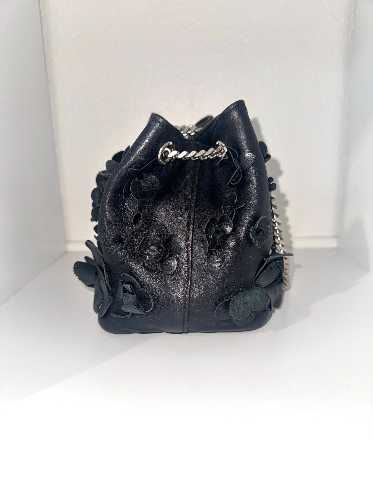 Saint Laurent Lambskin Floral Applique Baby Emmanuelle Bucket Bag Black