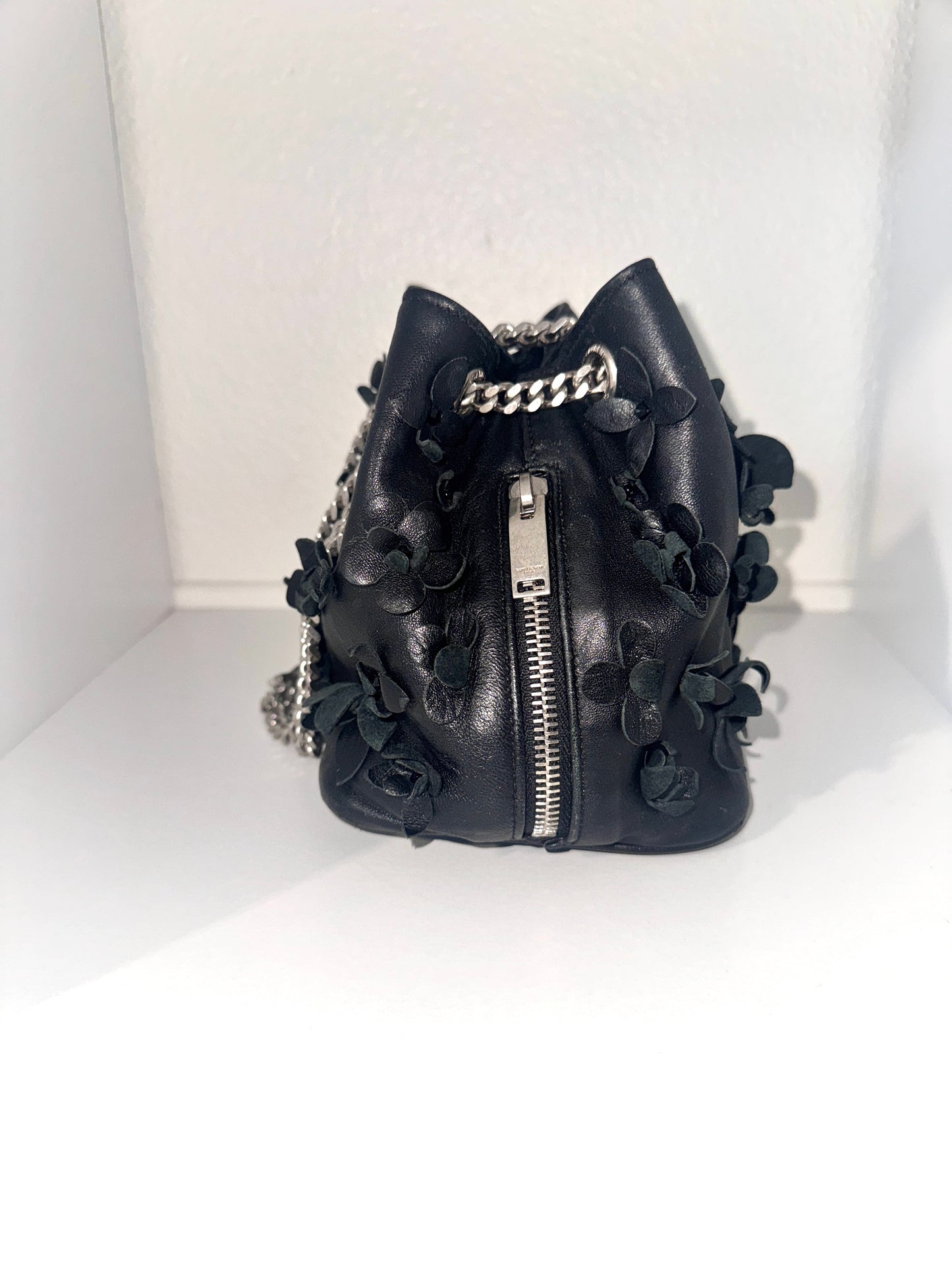 Saint Laurent Lambskin Floral Applique Baby Emmanuelle Bucket Bag Black