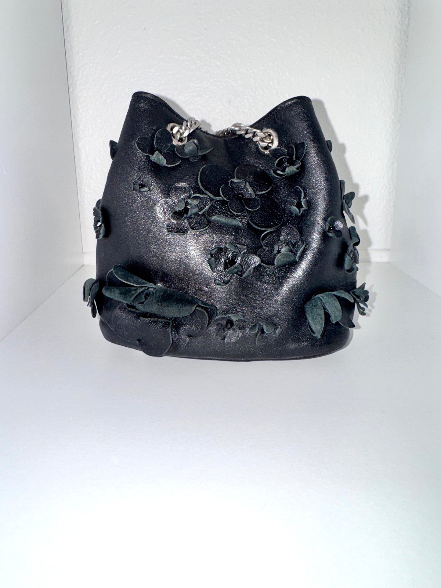 Saint Laurent Lambskin Floral Applique Baby Emmanuelle Bucket Bag Black