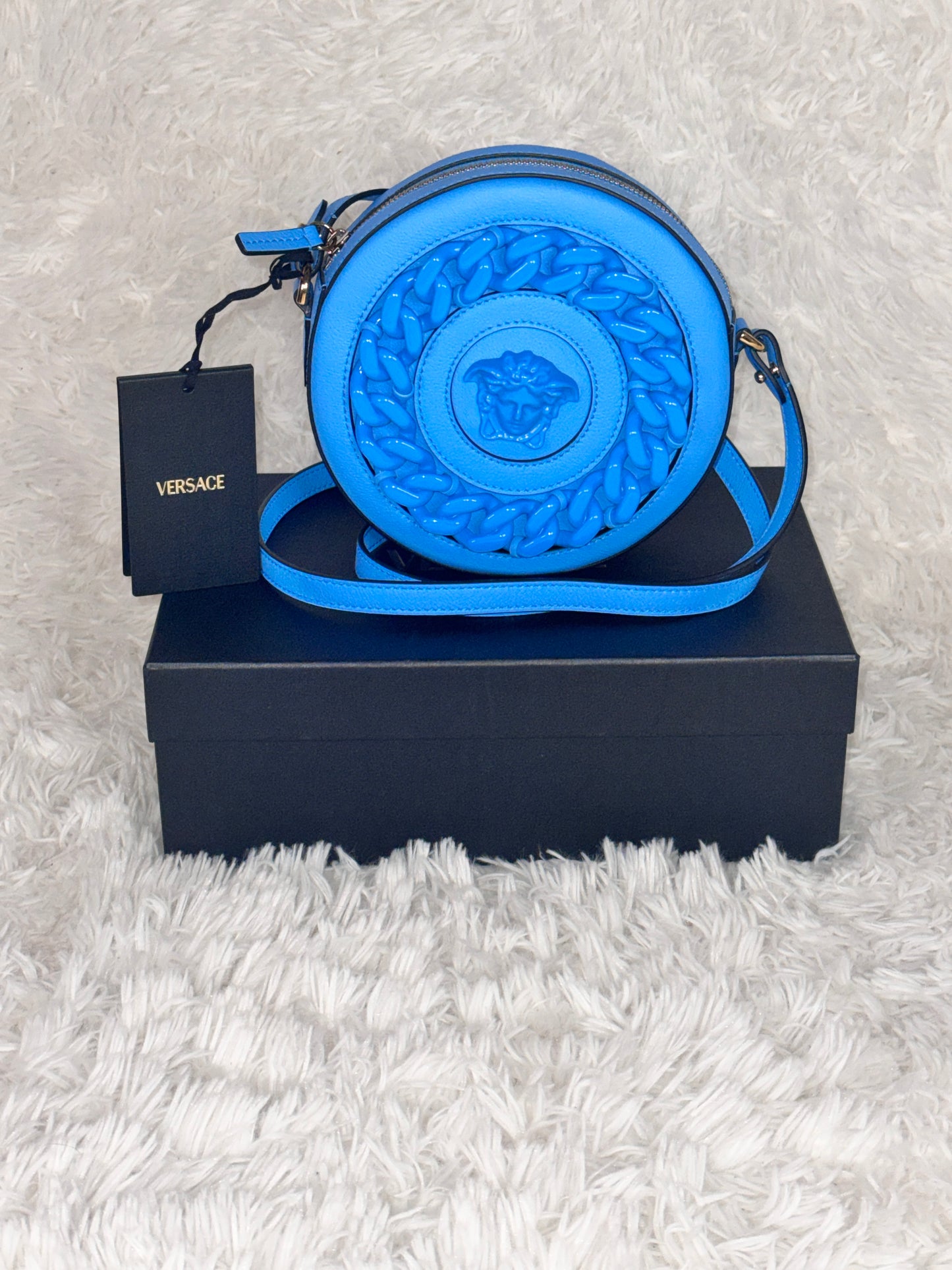 Versace Blue La Medusa Round Disco Camera Leather Bag