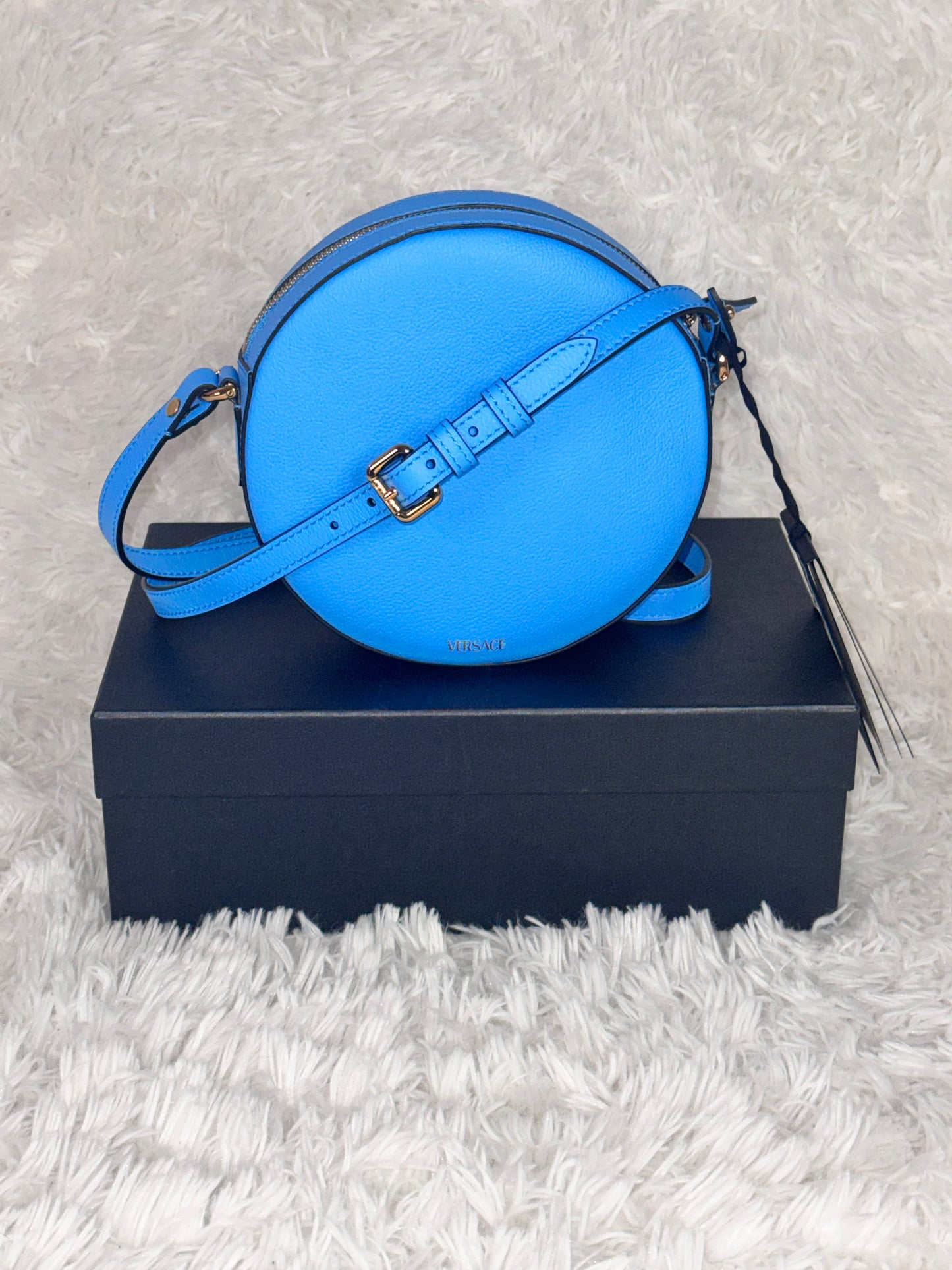 Versace Blue La Medusa Round Disco Camera Leather Bag