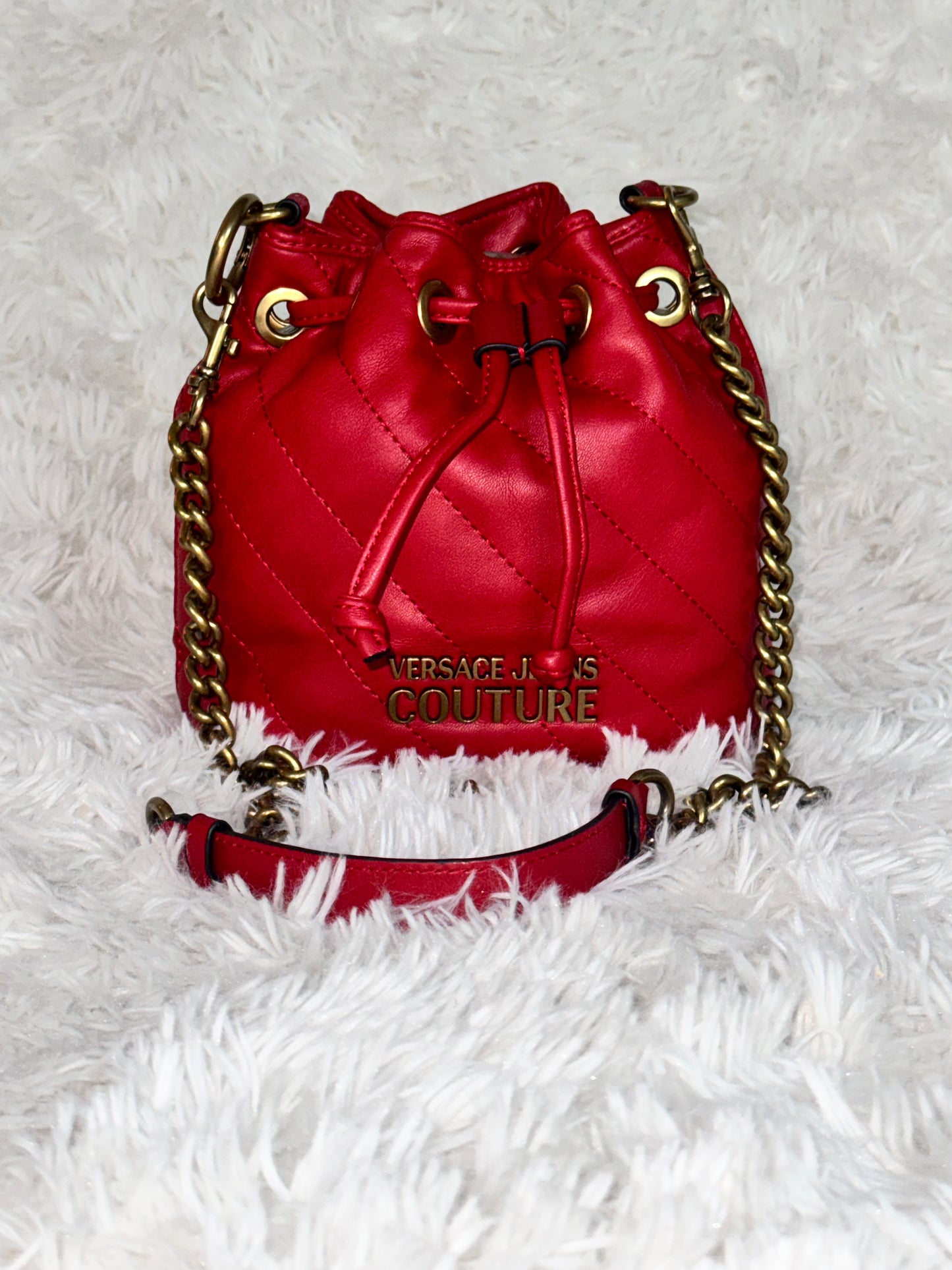 Versace Jeans Couture Red Quilted Logo Bucket Bag